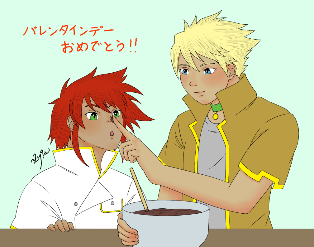 digital art of young luke and young guy baking brownies